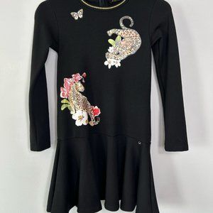 Girl Leopard Patterned Long Sleeves Black Dress- Size 8 Years